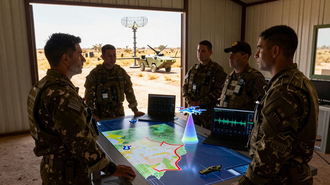 Cinq militaires en tenue de camouflage autour d'une table numérique avec carte et drones dans un abri désertique.