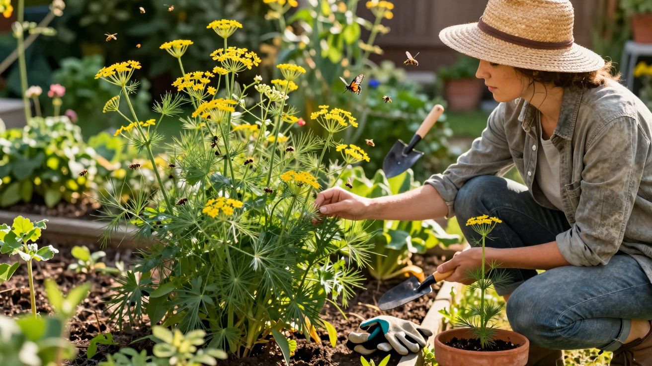 Femme en chapeau de paille jardinant parmi des fleurs jaunes avec plusieurs abeilles et papillons autour.