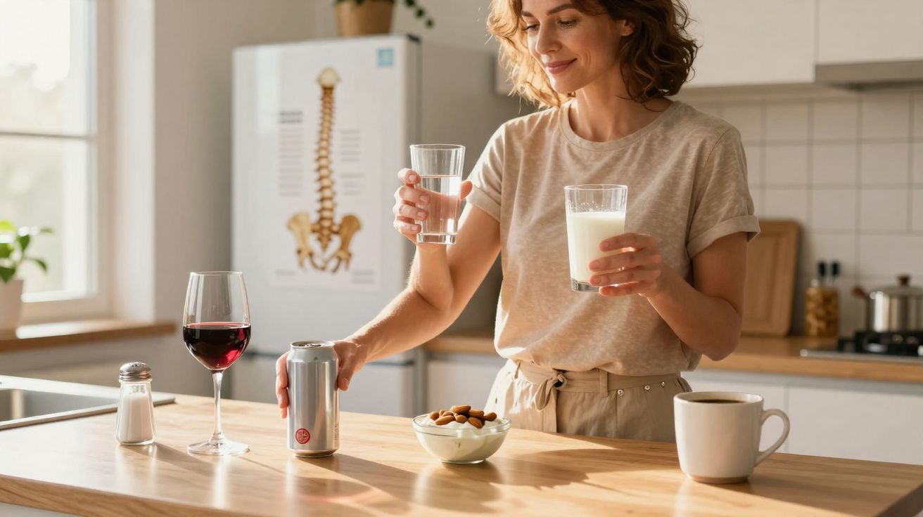 Femme souriante en cuisine tenant un verre de lait et un verre d'eau près d'amandes, vin rouge et café.