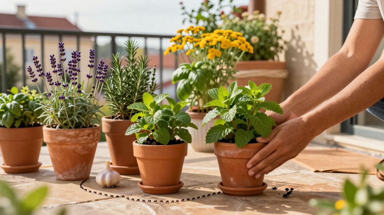 Plantes aromatiques en pots sur une terrasse avec deux mains ajustant un pot de menthe.