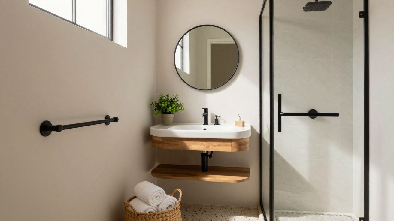 Salle de bain moderne avec lavabo flottant en bois, miroir rond, douche vitrée et panier à linge avec serviettes.