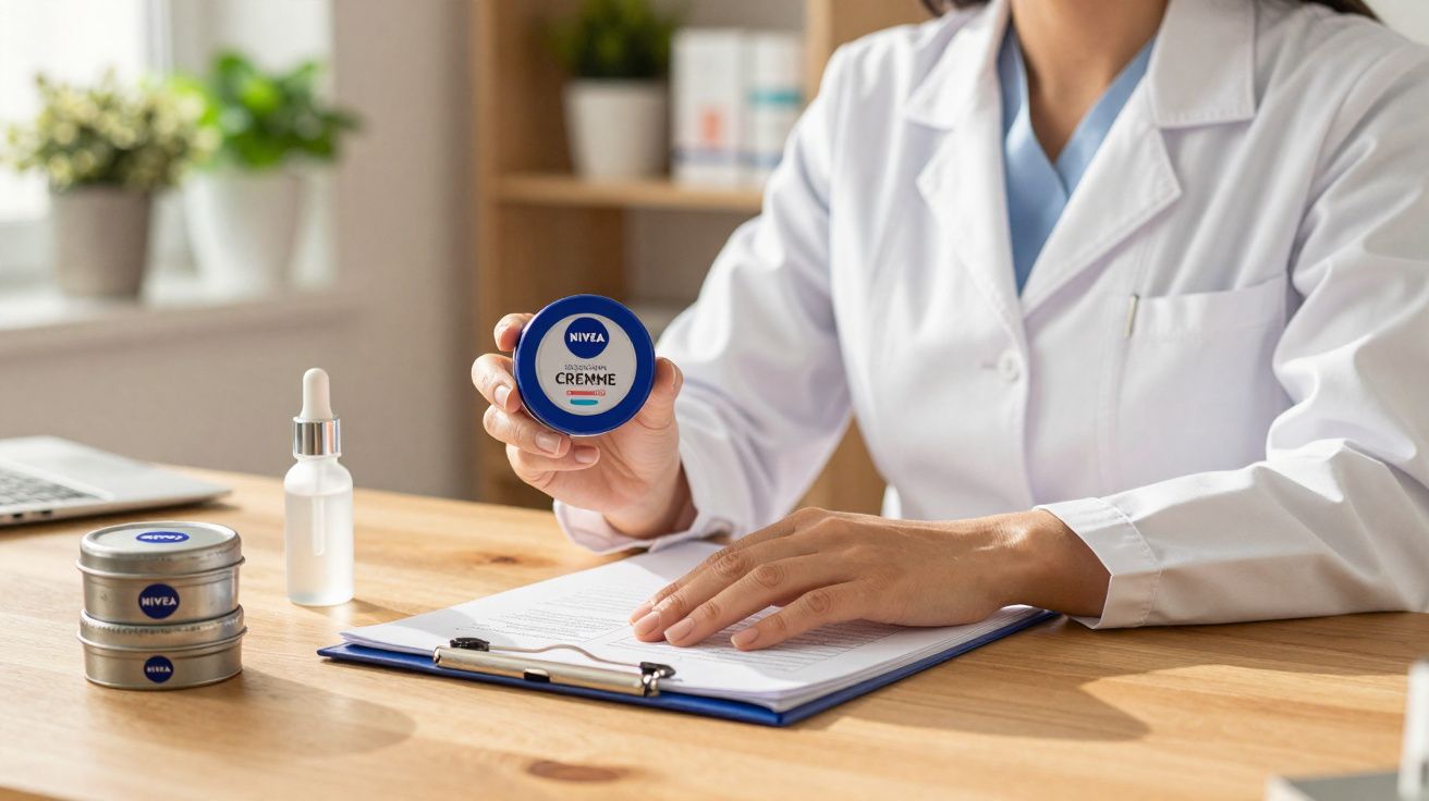 Personne en blouse blanche tenant un pot de crème Nivea bleu au bureau avec dossier et produits cosmétiques.