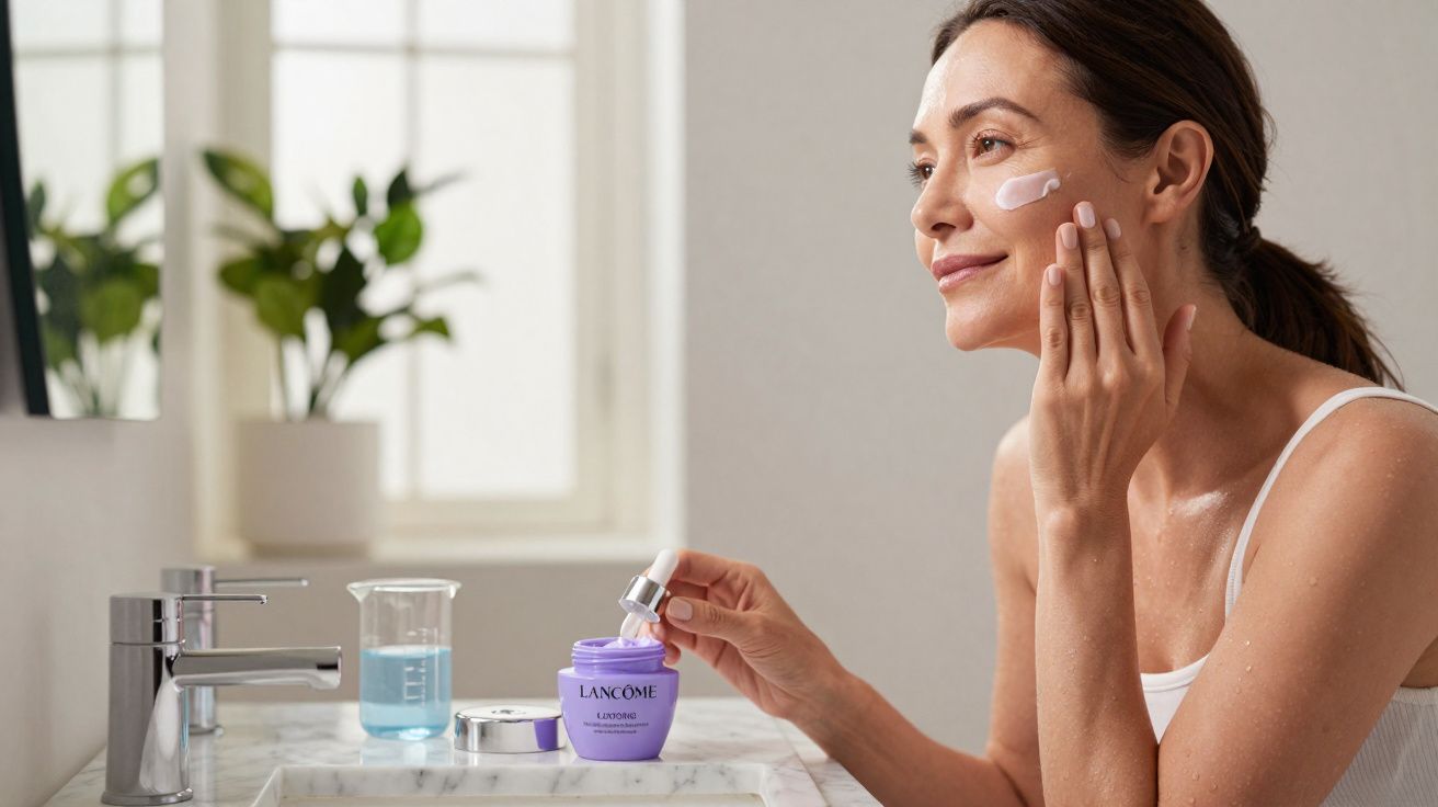 Femme appliquant une crème visage Lancôme dans une salle de bain lumineuse, souriante et détendue.