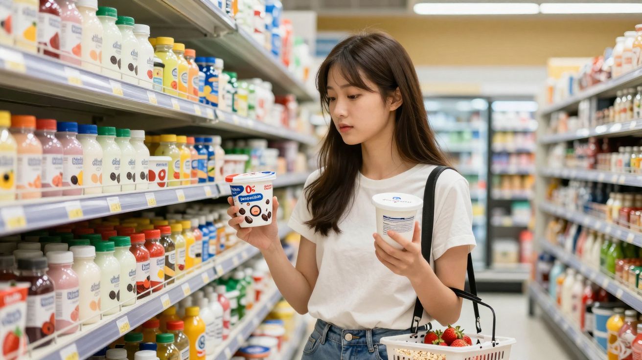 Jeune femme en T-shirt blanc choisissant des yaourts dans un supermarché avec un panier contenant des fraises.