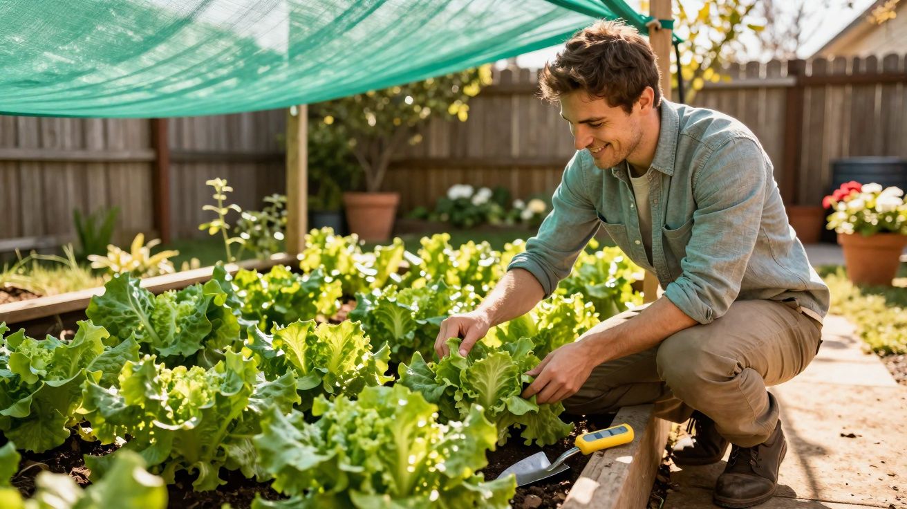 Homme souriant cultivant des laitues dans un jardin surélevé sous un filet d'ombrage.