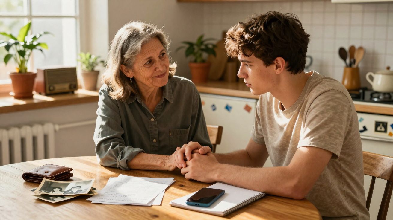 Une femme âgée tient les mains d’un jeune homme à table, partageant un moment de soutien et de complicité.