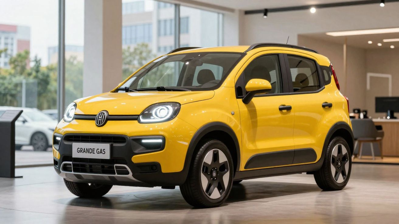 Voiture compacte jaune Grande Gas exposée en intérieur dans un showroom moderne et lumineux.