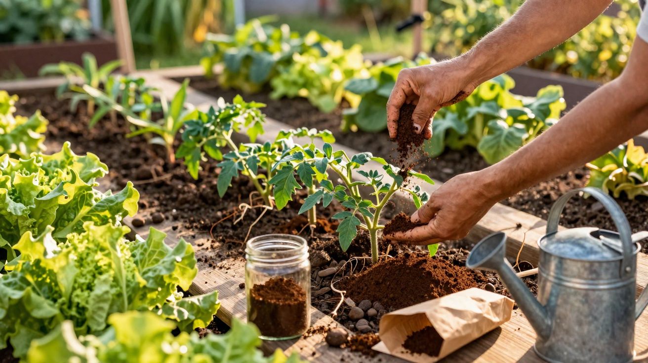 Mains ajoutant de la terre autour d'une jeune plante de tomate dans un jardin potager avec arrosoir à côté.