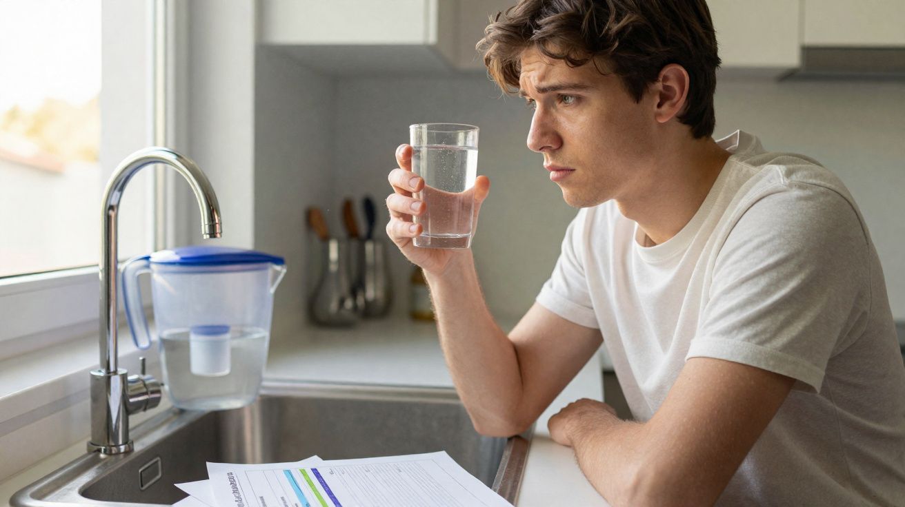 Jeune homme pensif tenant un verre d'eau dans une cuisine moderne près de documents posés sur le comptoir.