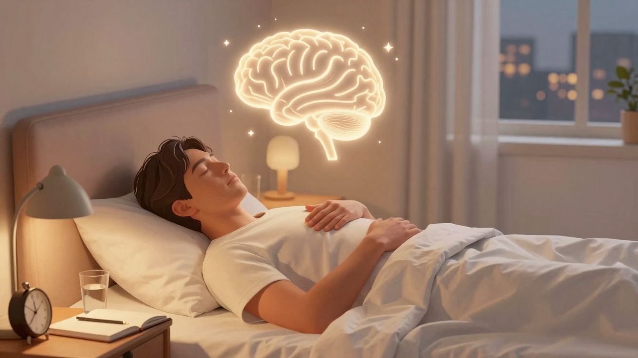Homme allongé dans son lit avec une illustration lumineuse de cerveau flottant au-dessus de lui, symbolisant le sommeil et l'