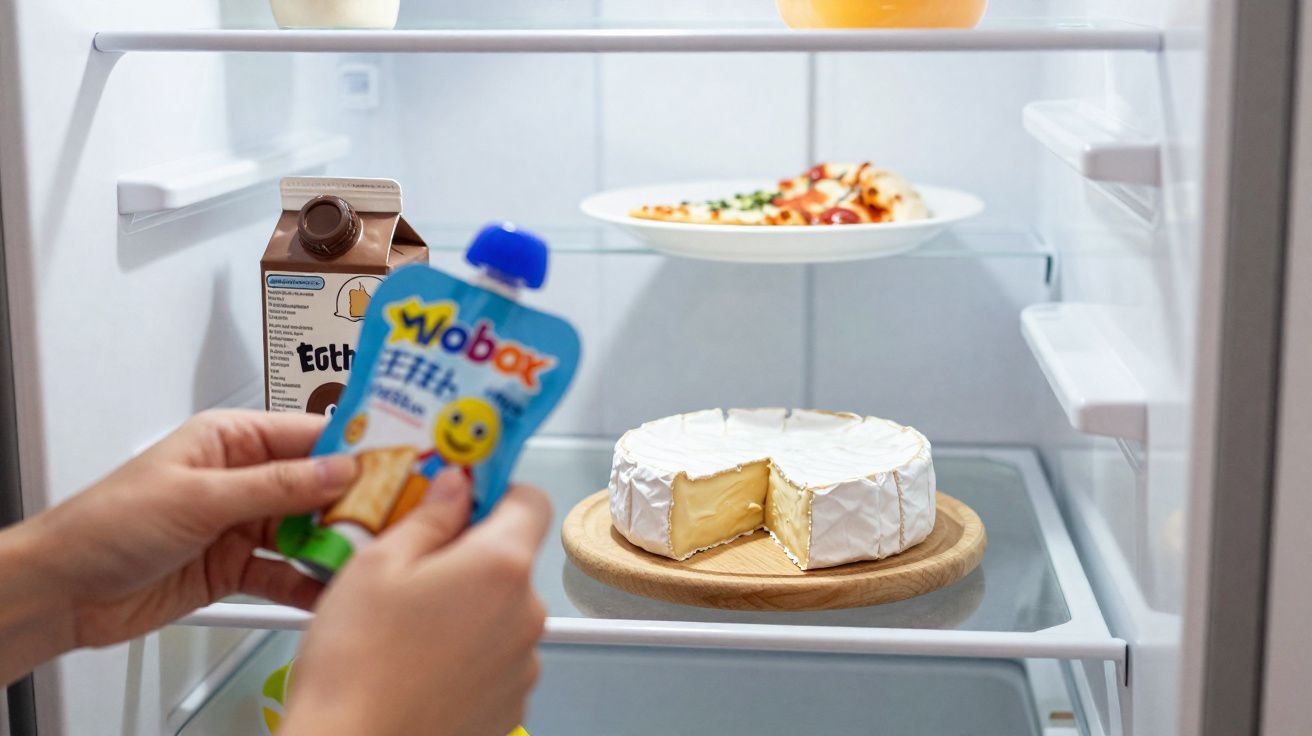 Intérieur d'un réfrigérateur avec un camembert, une part de pizza, une brique de lait et une gourde tenue par des mains.