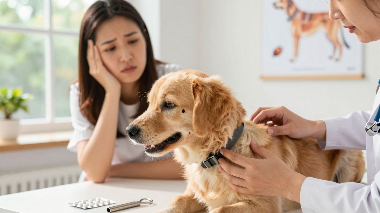 Jeune femme inquiète en consultation vétérinaire avec son chien golden retriever examiné par un vétérinaire.