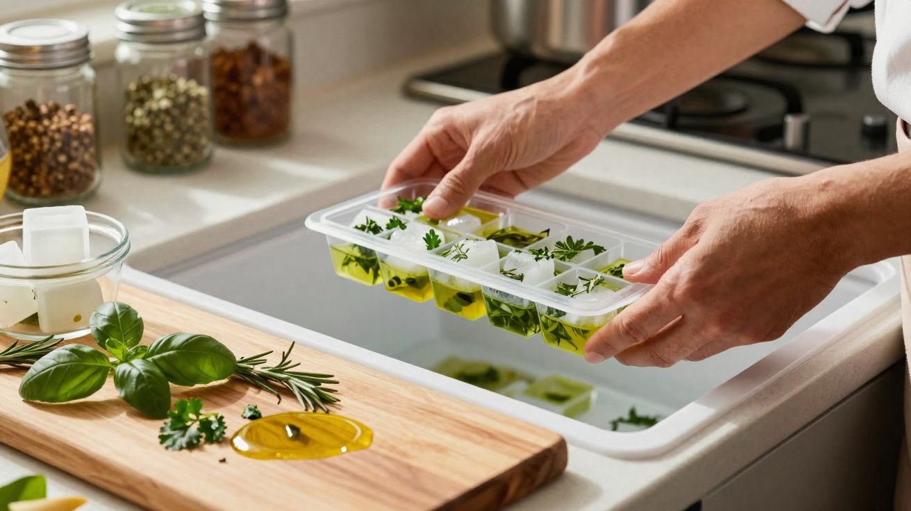 Main plongeant un bac à glaçons rempli d'huile d'olive et d'herbes fraîches dans un évier de cuisine.