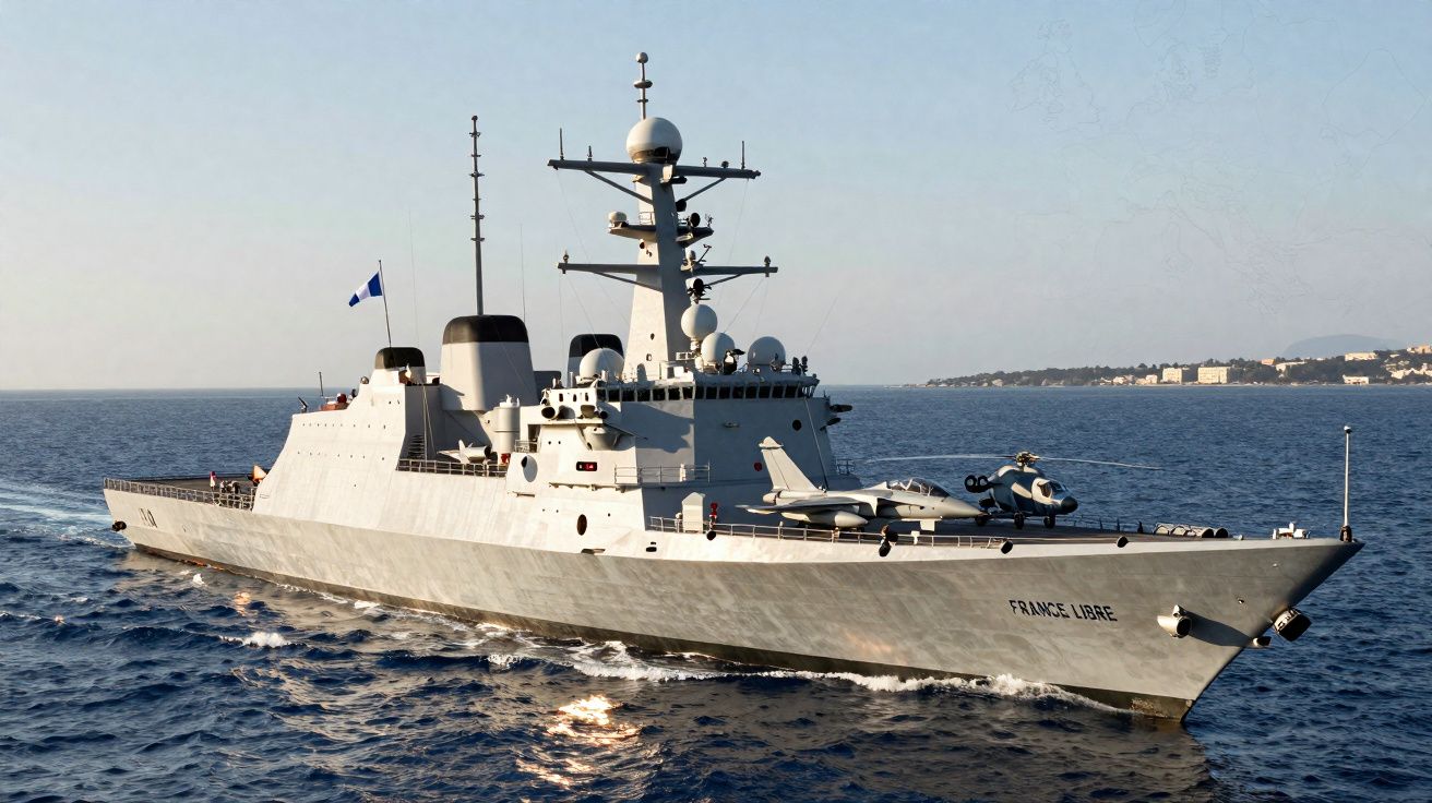 Navire de guerre moderne "France Libre" naviguant en mer avec un hélicoptère et un avion à bord.