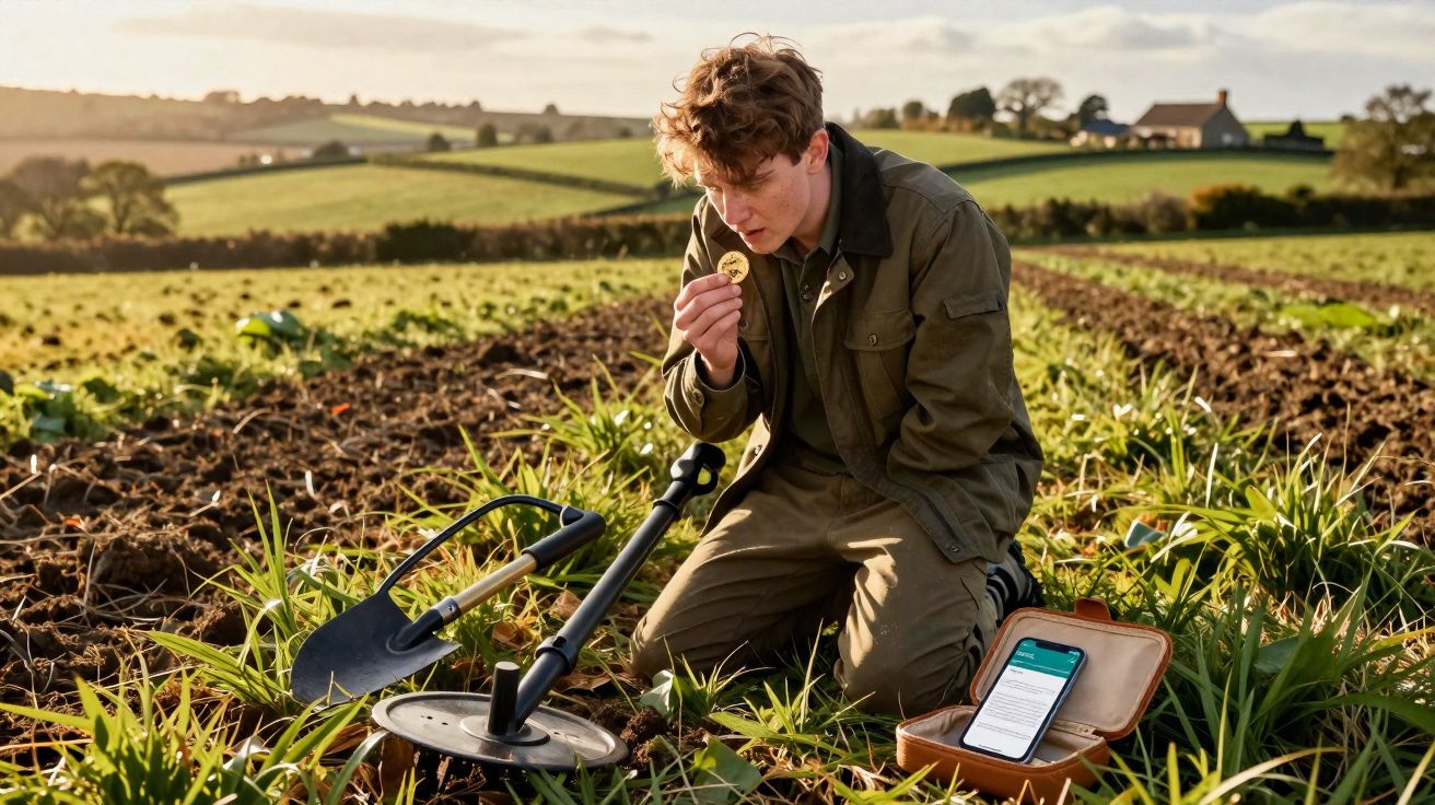 Jeune homme agenouillé dans un champ, tenant une pièce découverte avec un détecteur de métaux à côté.