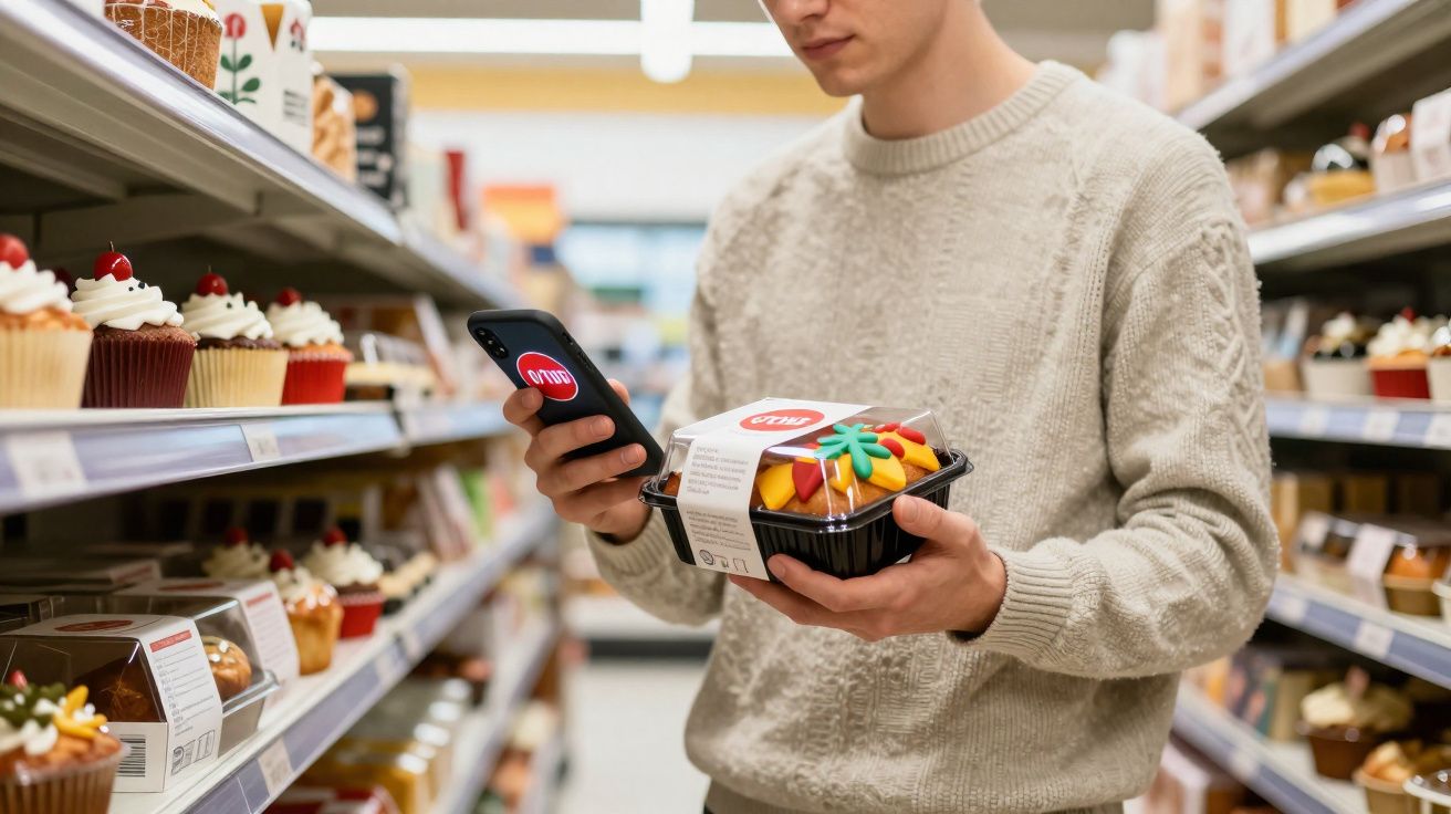 Homme en pull beige comparant un gâteau coloré et son prix sur téléphone dans un rayon de pâtisseries.