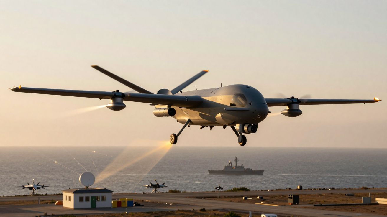 Drone militaire volant au-dessus d'une base côtière avec un navire de guerre en arrière-plan au coucher du soleil.