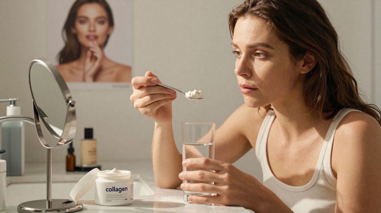 Femme prenant un complément de collagène en poudre avec un verre d'eau devant un miroir sur une table de salle de bain.