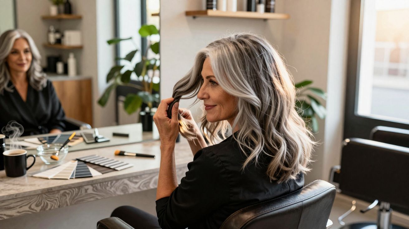 Femme aux cheveux gris longs, élégante, assise face à un miroir dans un salon moderne lumineux.