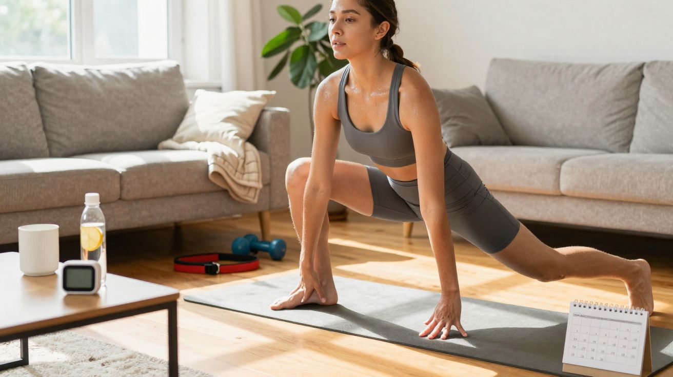 Jeune femme en tenue de sport faisant des étirements dans un salon lumineux avec tapis de yoga.