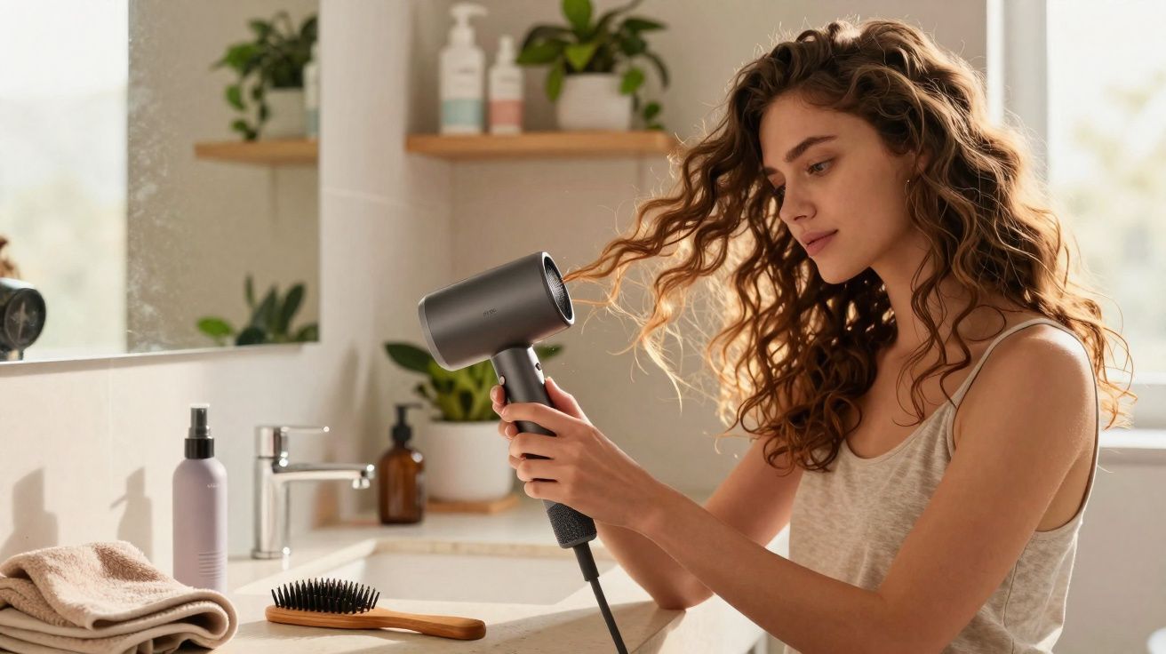 Jeune femme sèche ses cheveux bouclés avec un sèche-cheveux gris dans une salle de bain lumineuse.