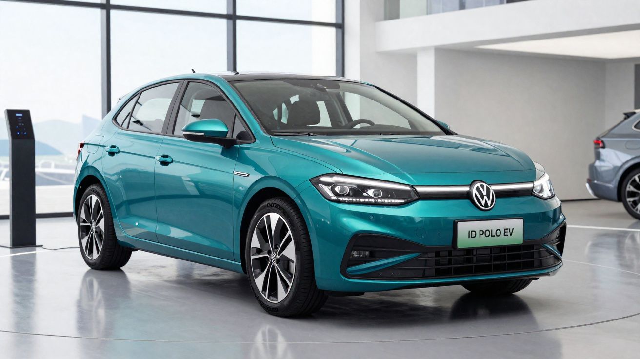 Voiture électrique Volkswagen ID Polo EV bleu turquoise en exposition, branchée à une borne de recharge.