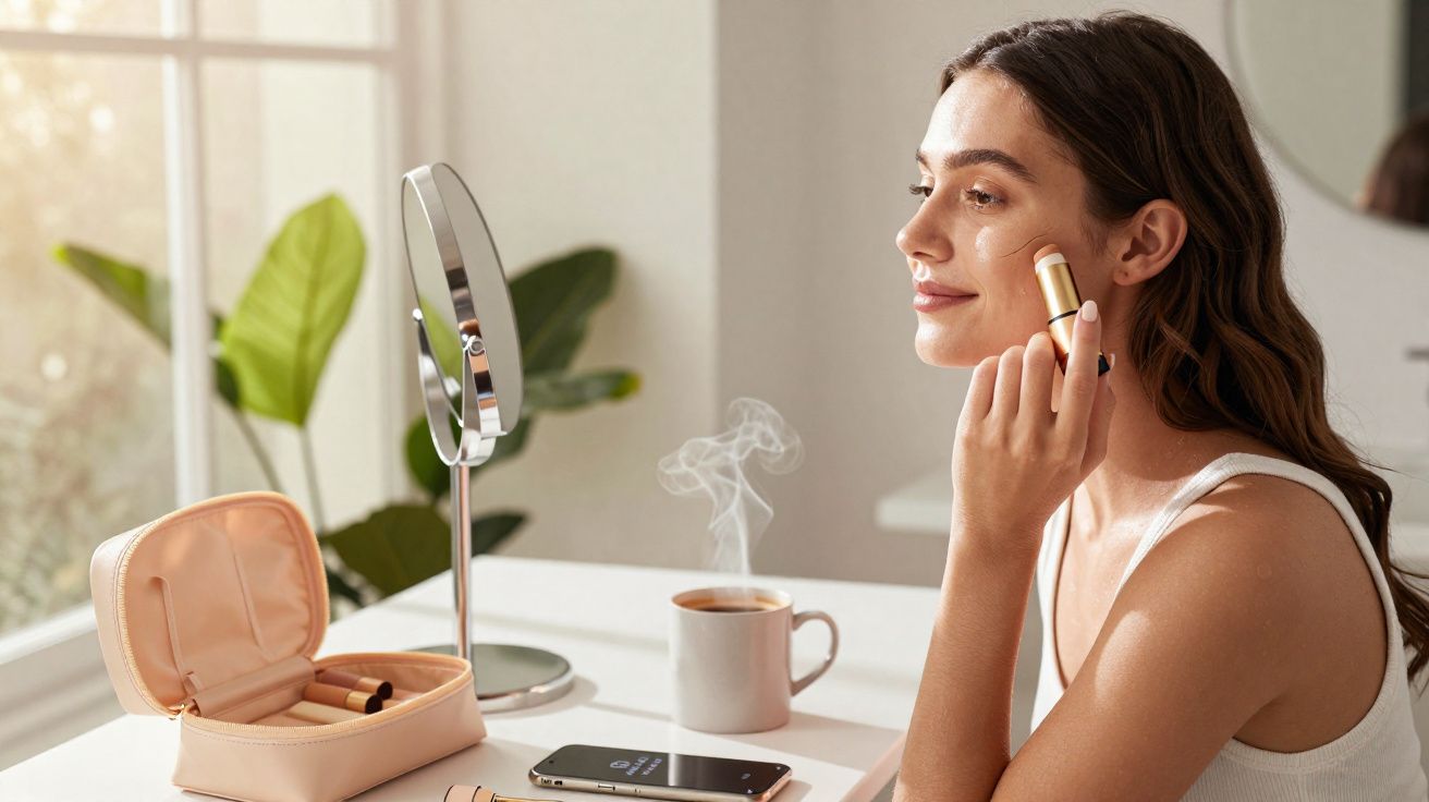 Femme souriante appliquant un stick de maquillage devant un miroir avec une tasse fumante et un téléphone sur la table.