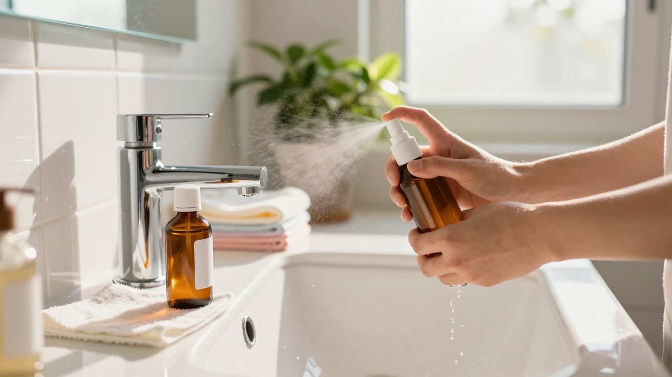 Mains pulvérisant un spray sur un lavabo blanc avec flacon en verre brun et serviettes pliées.