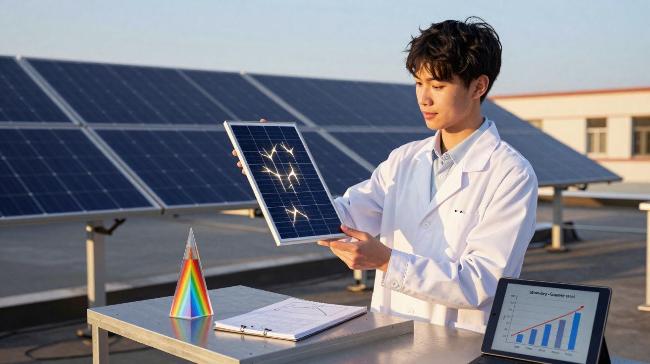 Jeune scientifique en blouse blanche tenant un panneau solaire devant des panneaux solaires sur un toit.