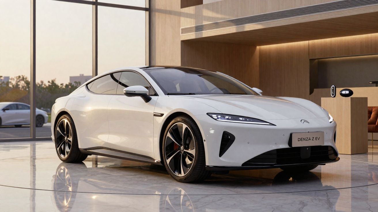 Voiture électrique blanche Denza Z EV élégante exposée dans un showroom moderne aux grandes baies vitrées.