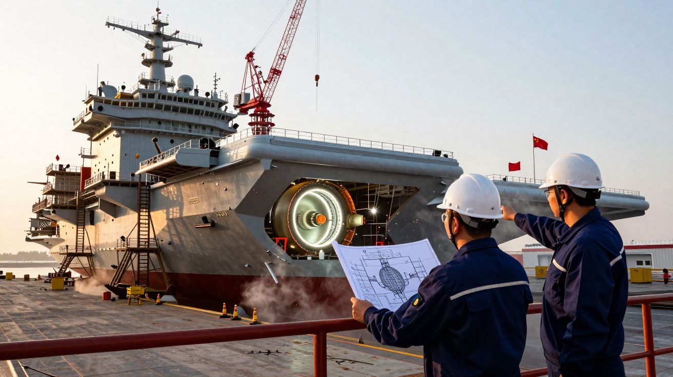Deux ouvriers en casque consultent un plan devant un grand navire militaire en chantier au port.