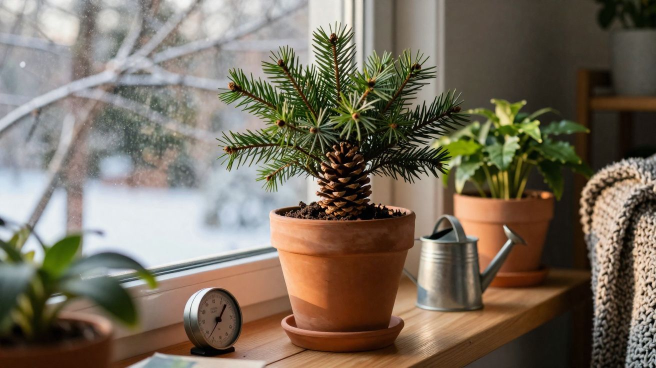 Jeune sapin en pot avec pomme de pin sur un rebord de fenêtre, entouré d'autres plantes et un arrosoir.