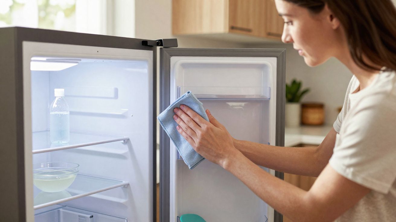 Femme nettoyant l’intérieur d’un réfrigérateur ouvert avec un chiffon bleu dans une cuisine lumineuse.
