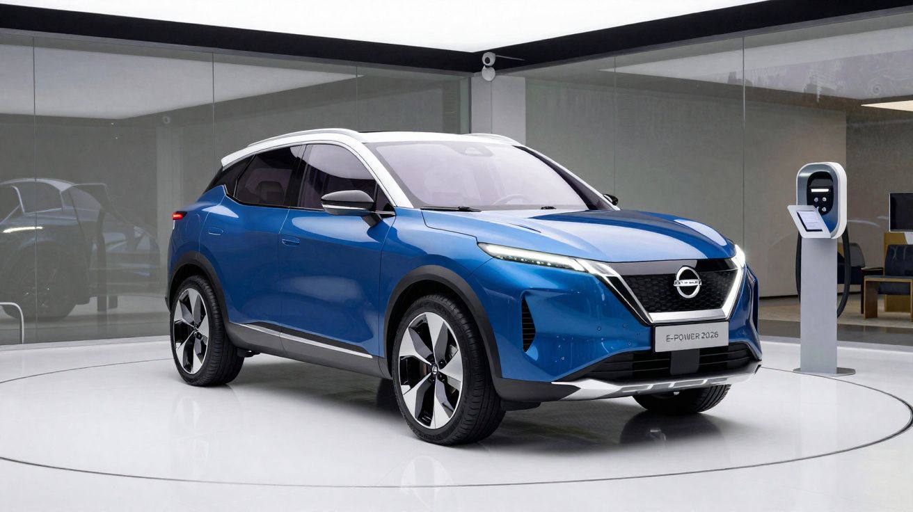 Véhicule électrique Nissan E-Power bleu exposé dans un showroom moderne avec borne de recharge à côté.