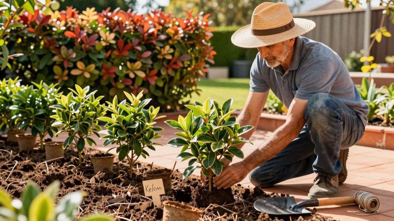 Homme portant un chapeau plantant un arbuste dans un jardin ensoleillé avec des outils à côté.
