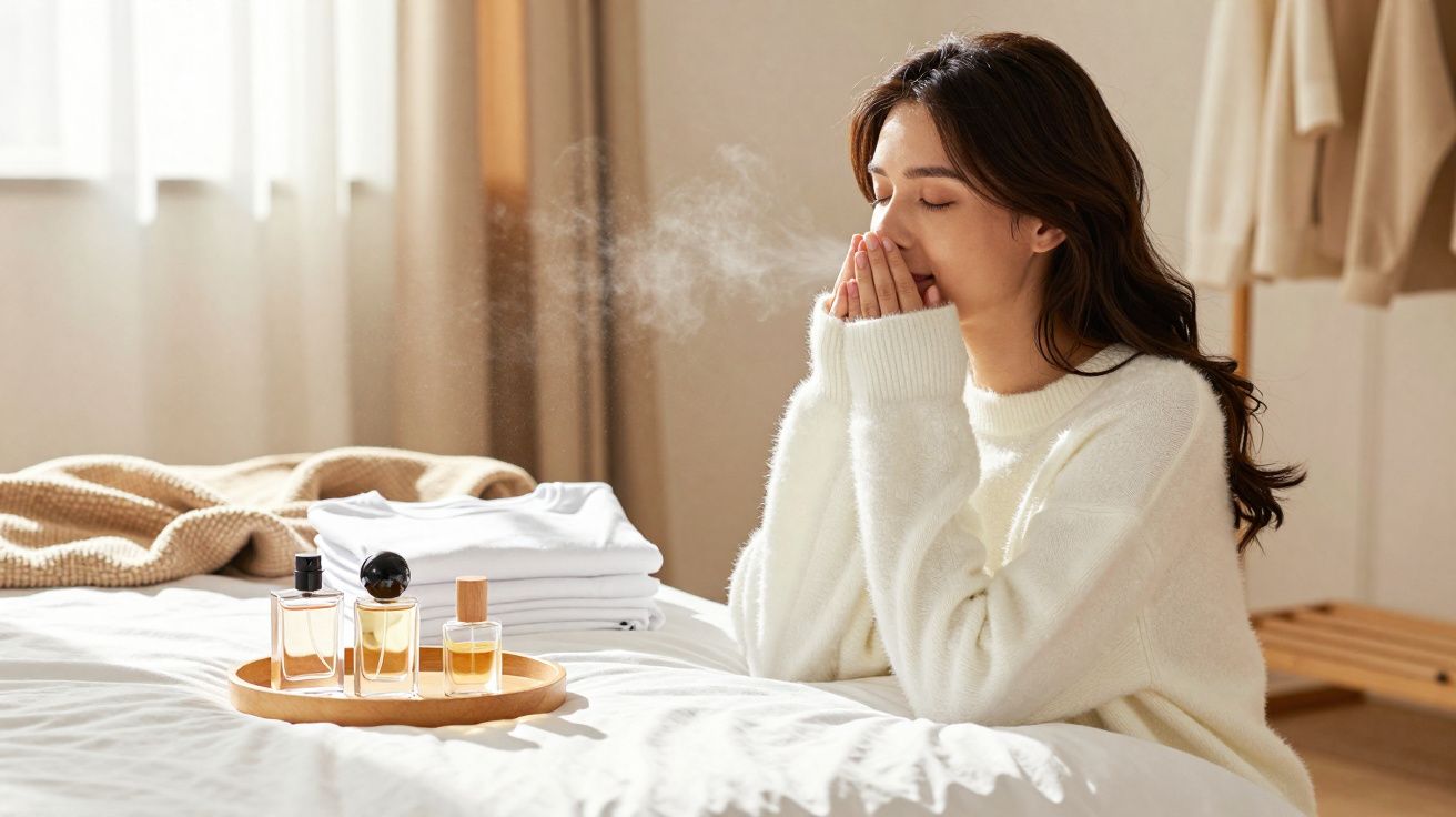 Jeune femme en pull blanc sentant un parfum posé sur un plateau au bord du lit éclairé par la lumière naturelle.