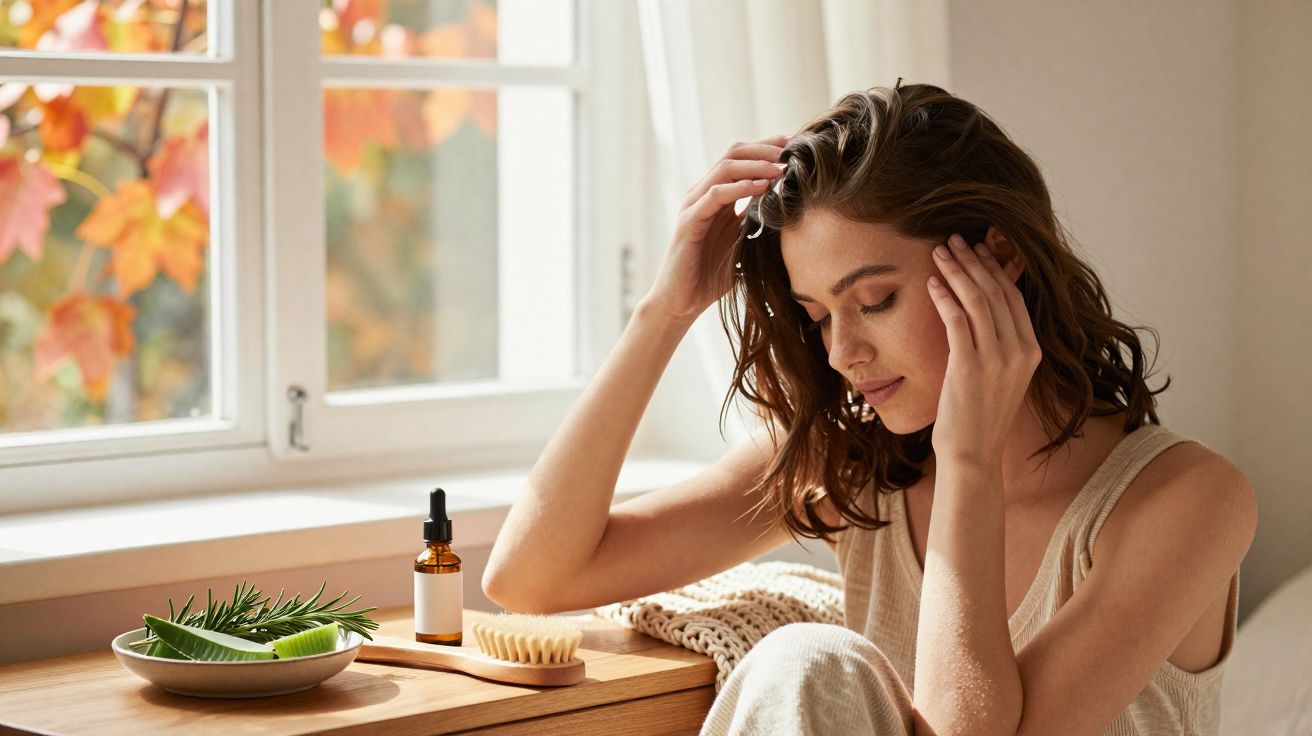 Femme assise près d'une fenêtre, entourée de produits de soin naturels sur une table en bois.