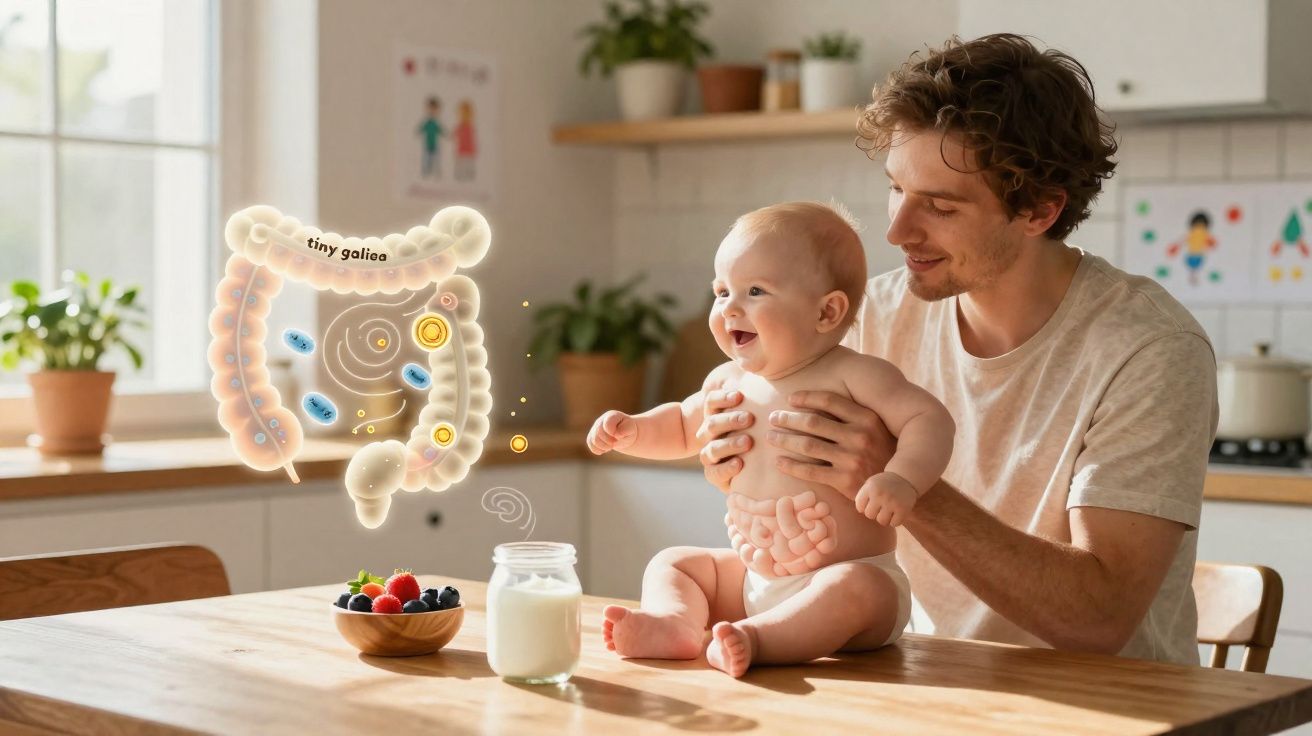 Un père souriant tient un bébé avec une illustration virtuelle du système digestif et des probiotiques.