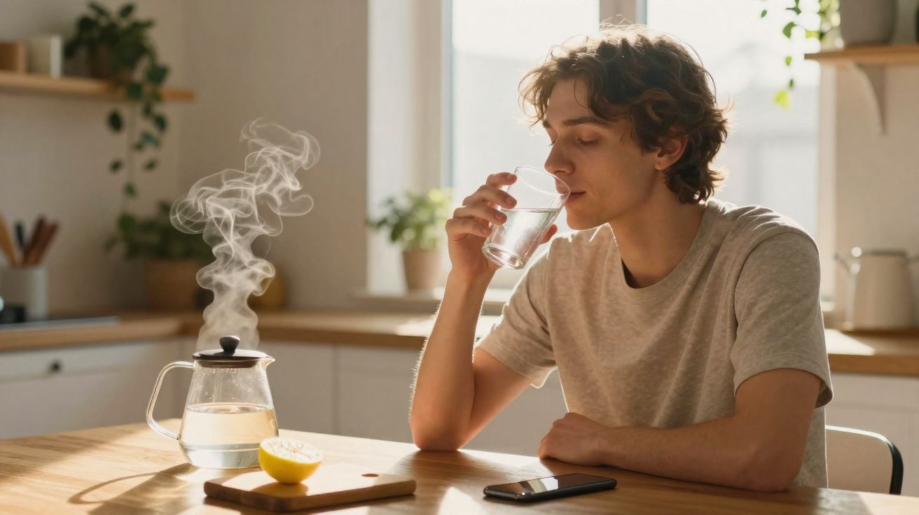 Jeune homme buvant un verre d'eau à table avec une théière fumante et un citron coupé dans une cuisine lumineuse.
