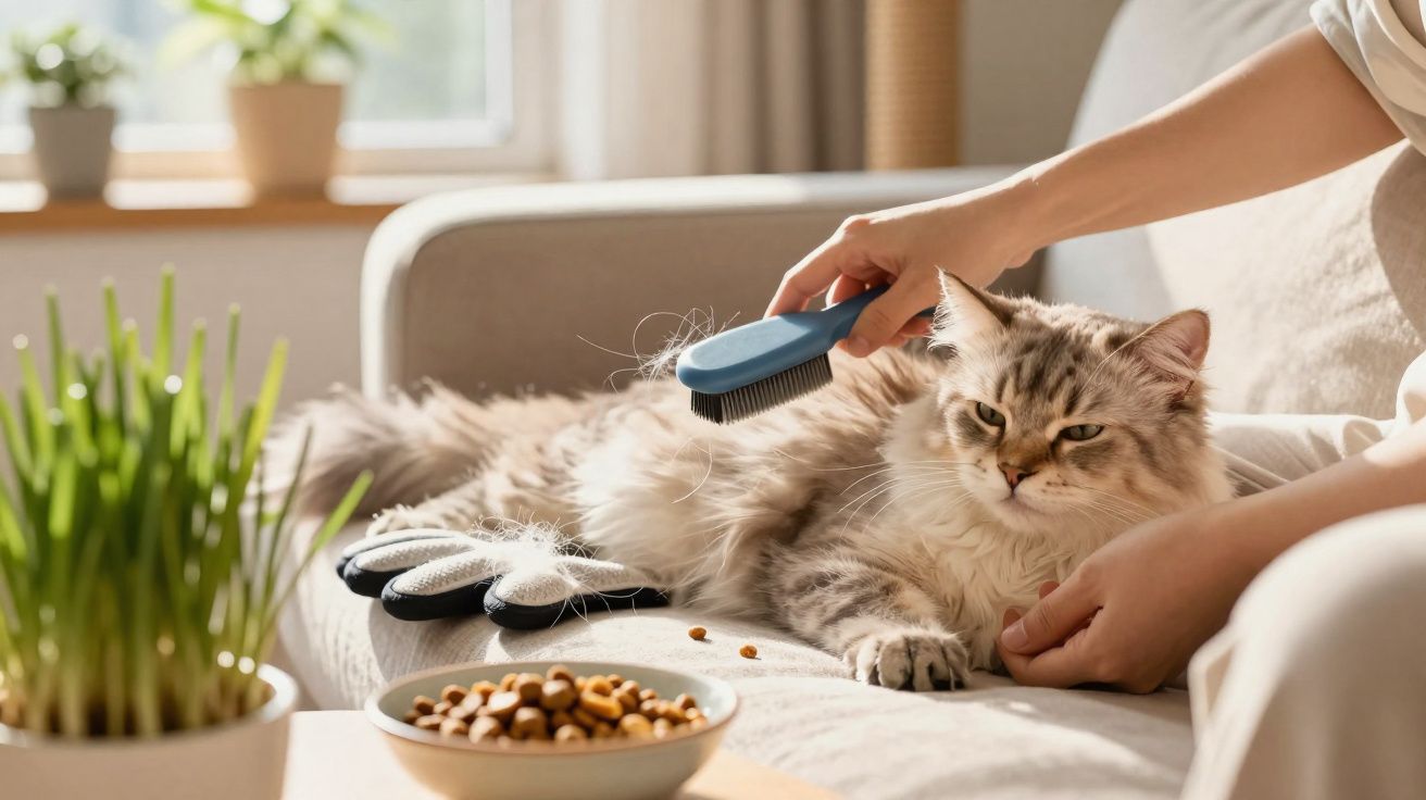 Chat à poils longs brossé sur un canapé, avec un bol de croquettes et des brosses à côté.