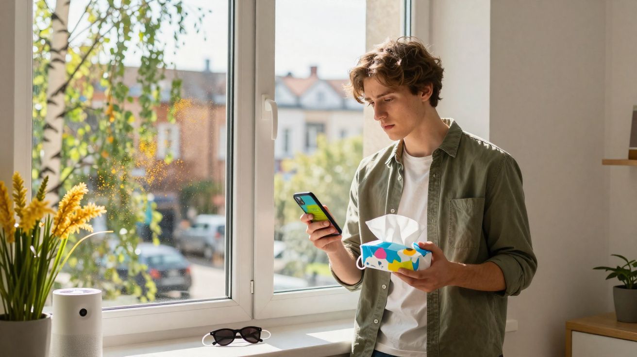 Jeune homme debout près d'une fenêtre tenant une boîte de mouchoirs et regardant son smartphone.