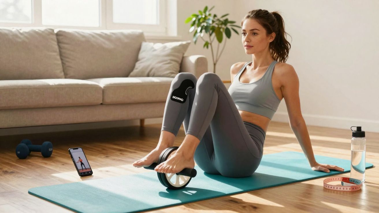Femme en tenue de sport faisant des exercices avec une roue abdominale sur un tapis à domicile.