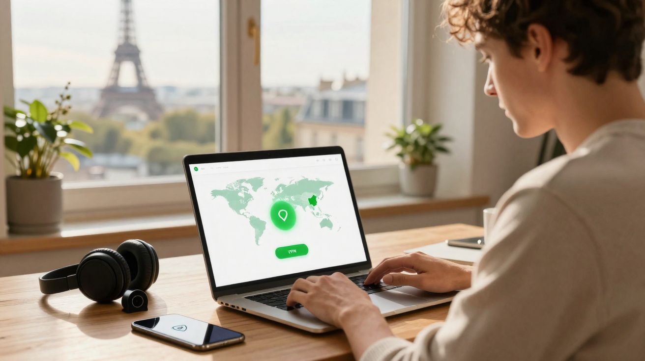 Personne travaillant sur un ordinateur portable avec une carte du monde à l'écran et la Tour Eiffel en arrière-plan.