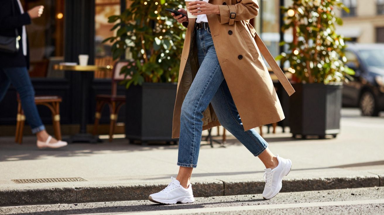 Personne marchant en jean, trench beige et baskets blanches sur un trottoir urbain ensoleillé.