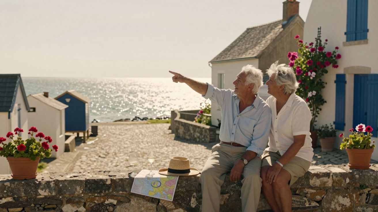 Couple de personnes âgées assises près de la mer, homme pointant vers l'horizon, ambiance ensoleillée et fleurie.