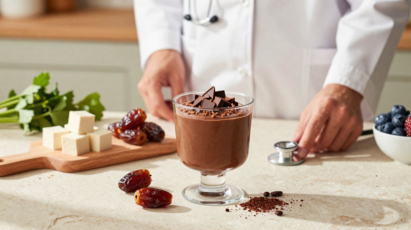Verre de mousse au chocolat garnie de morceaux de chocolat avec ingrédients et un médecin en arrière-plan.