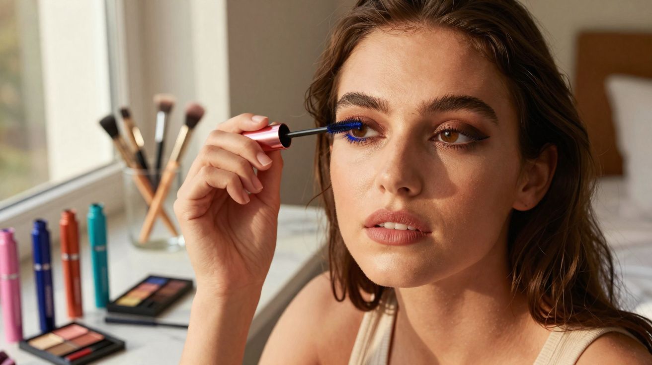 Jeune femme appliquant du mascara bleu sur ses cils devant une fenêtre avec maquillage en arrière-plan.