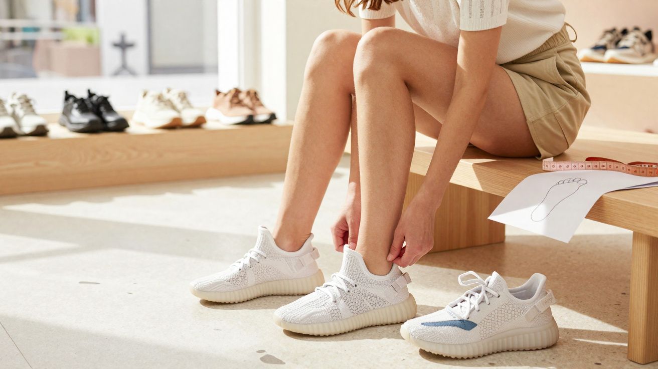 Personne assise mettant des baskets blanches dans un magasin de chaussures lumineux et moderne.