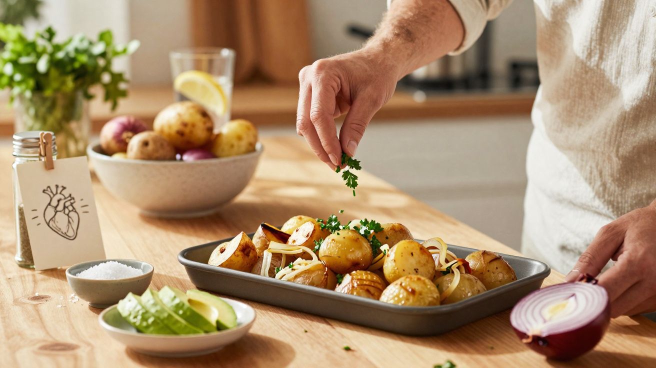 Personne assaisonnant des pommes de terre rôties avec des herbes fraîches dans une cuisine lumineuse.