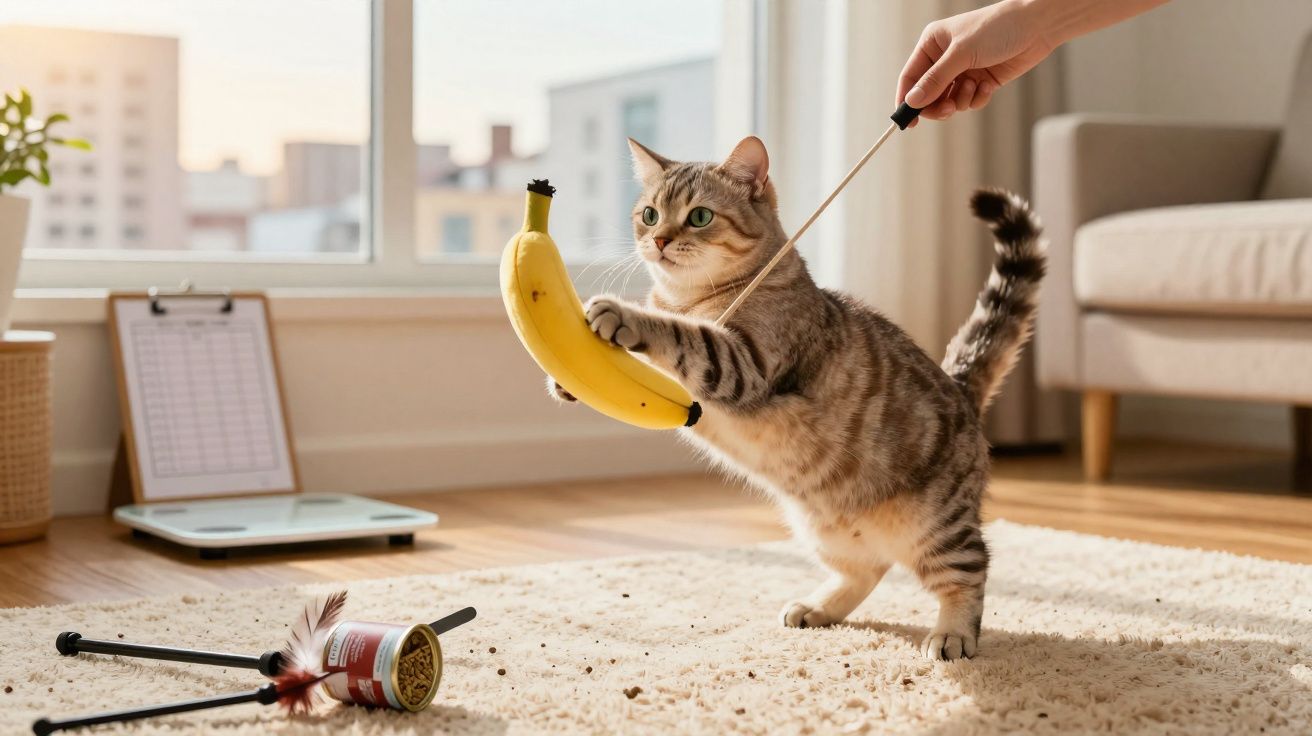 Chat tigré jouant avec une banane accrochée à une baguette tenue par une main dans un salon lumineux.